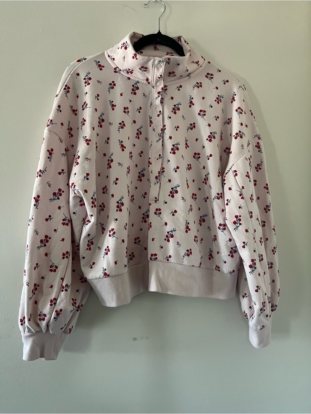 Pink Ditsy Floral Quarter Zip Pullover Cotton Sweatshirt Large Feminine Athletic